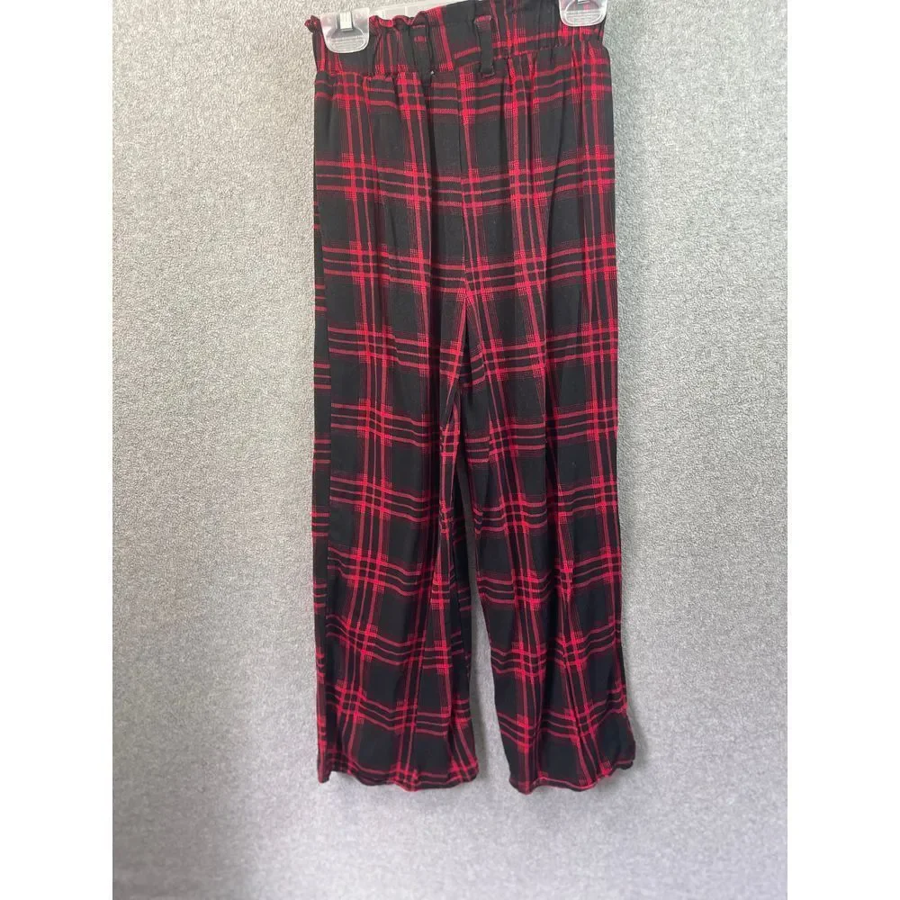 Classic Red &‎ Black Plaid Wide Leg Pants Tartan Check Pattern Elastic Waist